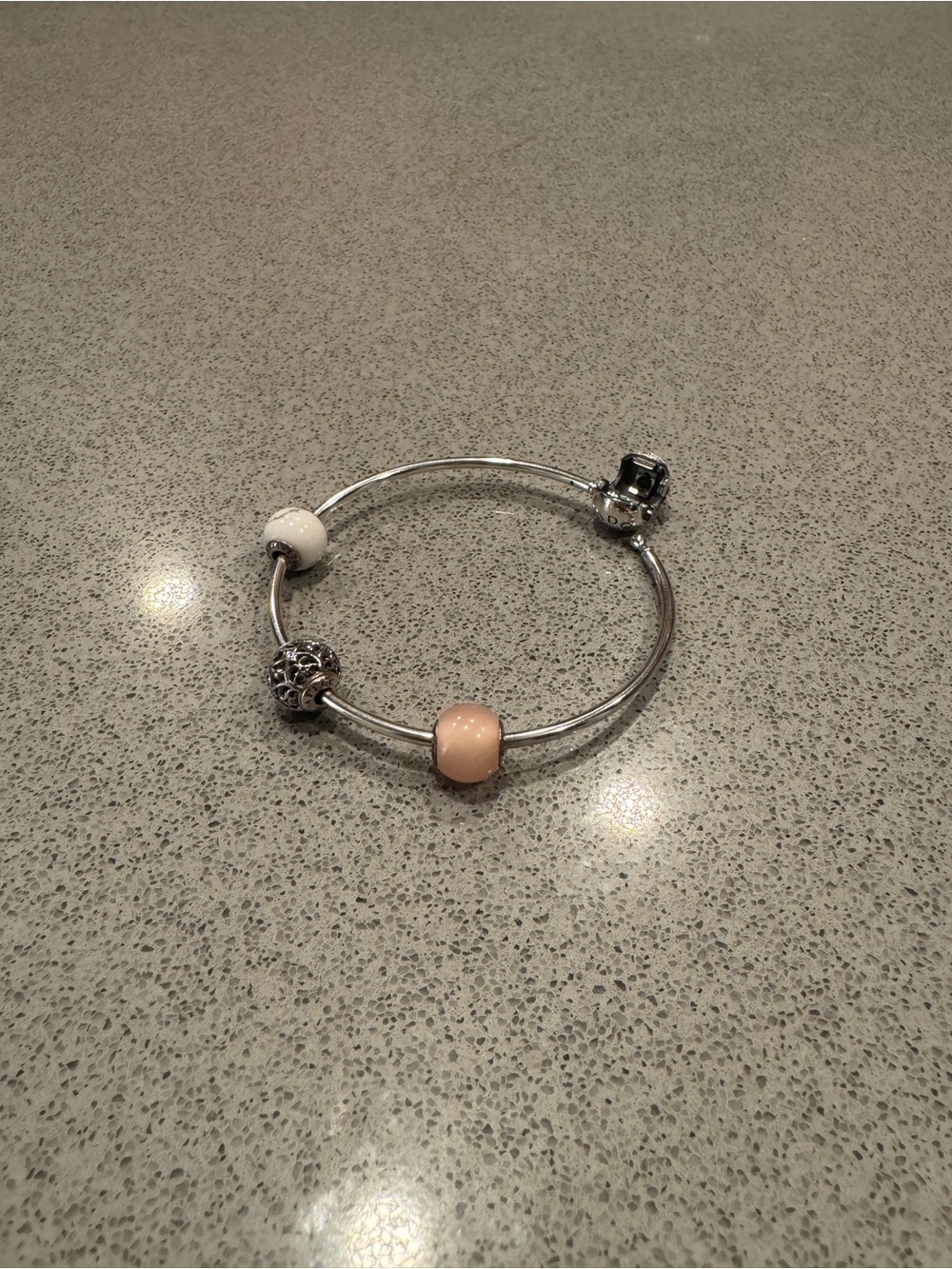 Pandora essence Sterling Bangle Bracelet with Peach and White Beads